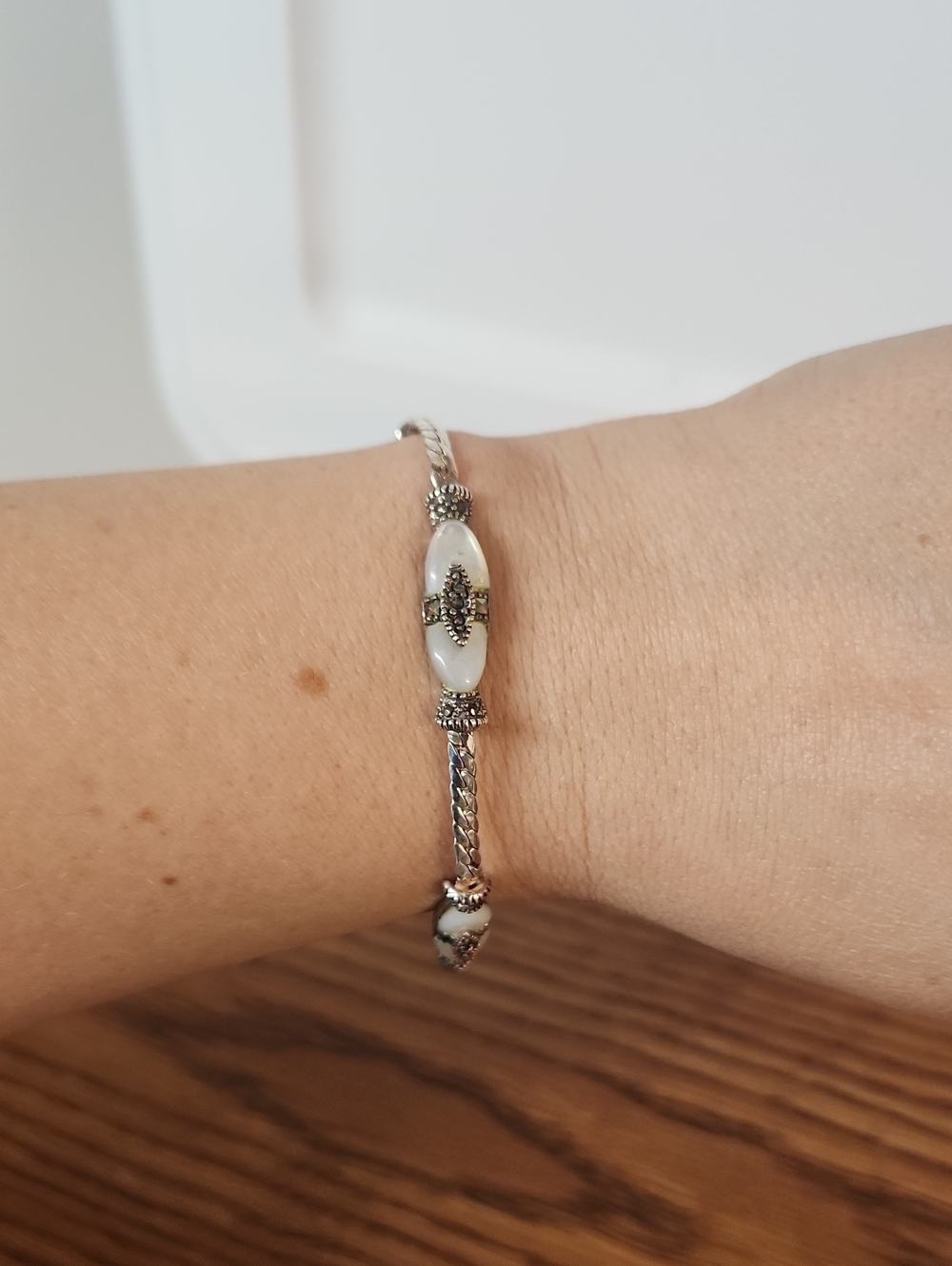 Sterling Silver Mother-of-Pearl and Marcasite Bracelet With Extender - White